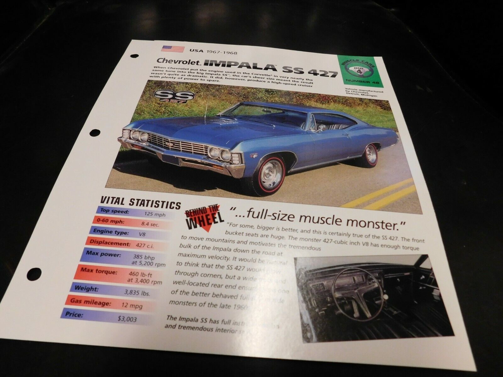 1967-1968 Chevrolet Impala 427 SS Spec Sheet Brochure Photo Poster