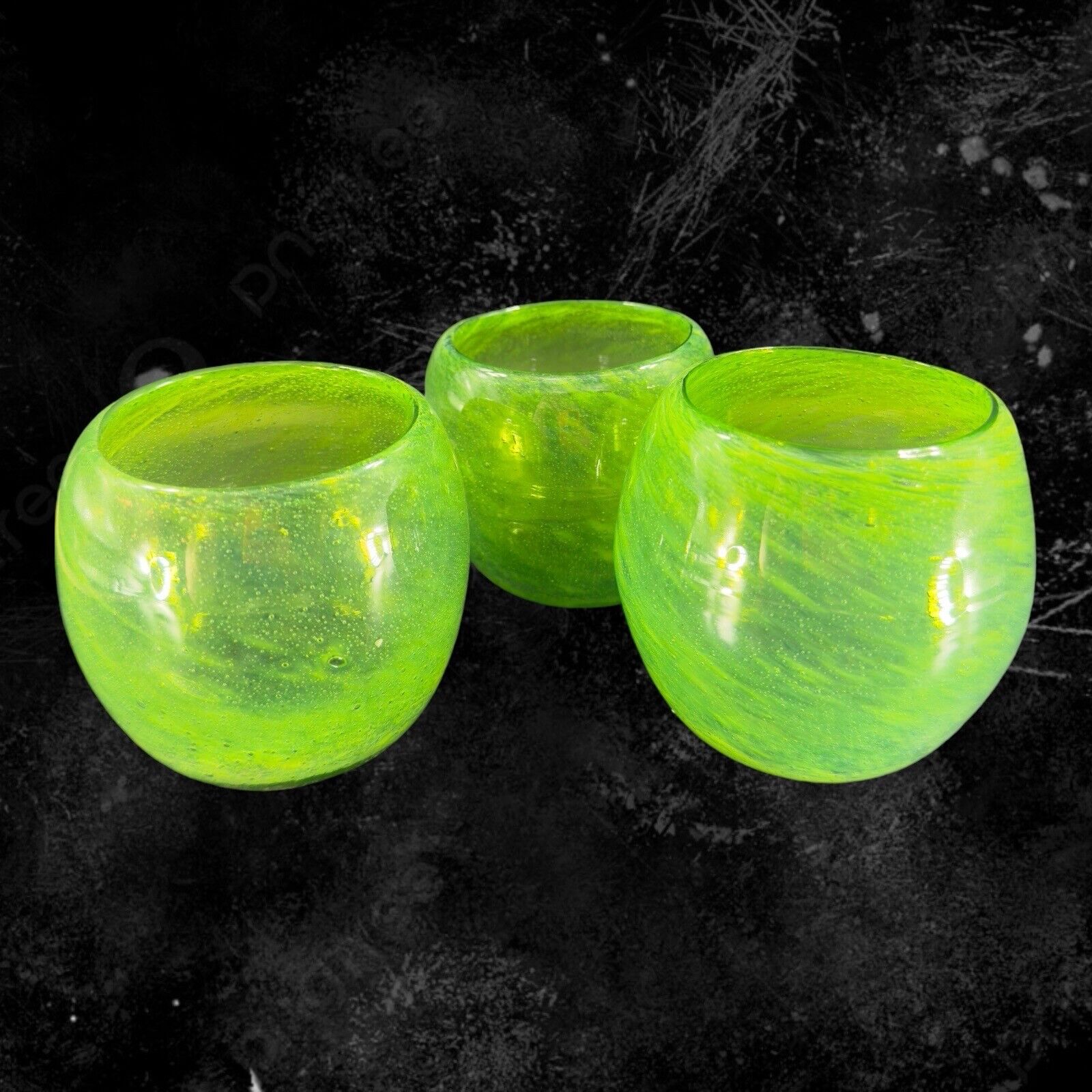 Hand Blown Green Stemless Drinking Glasses Set 3 Hand Made Small Bubbles Votives