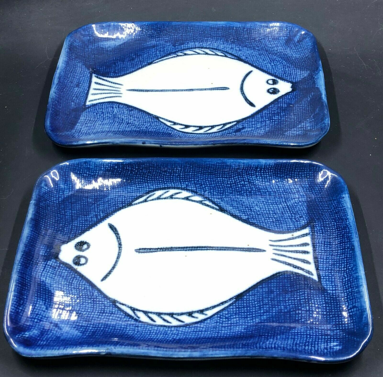 2 Cool Blue & White Plates Sushi Fish Textured Base Stamped Japanese 7\