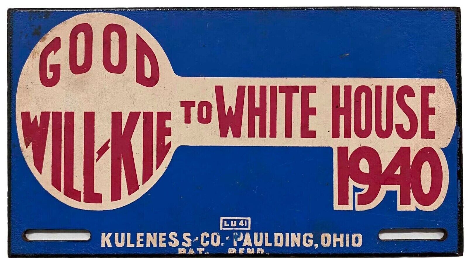 Willkie For President 1940 Political Fiberboard Booster License Plate Topper