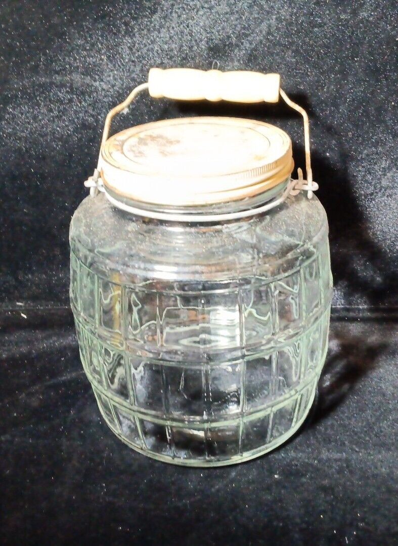 Gallon Clear Glass Barrel Pickle Jar Screw Lid Wire Bale Wooden Handle Vintage