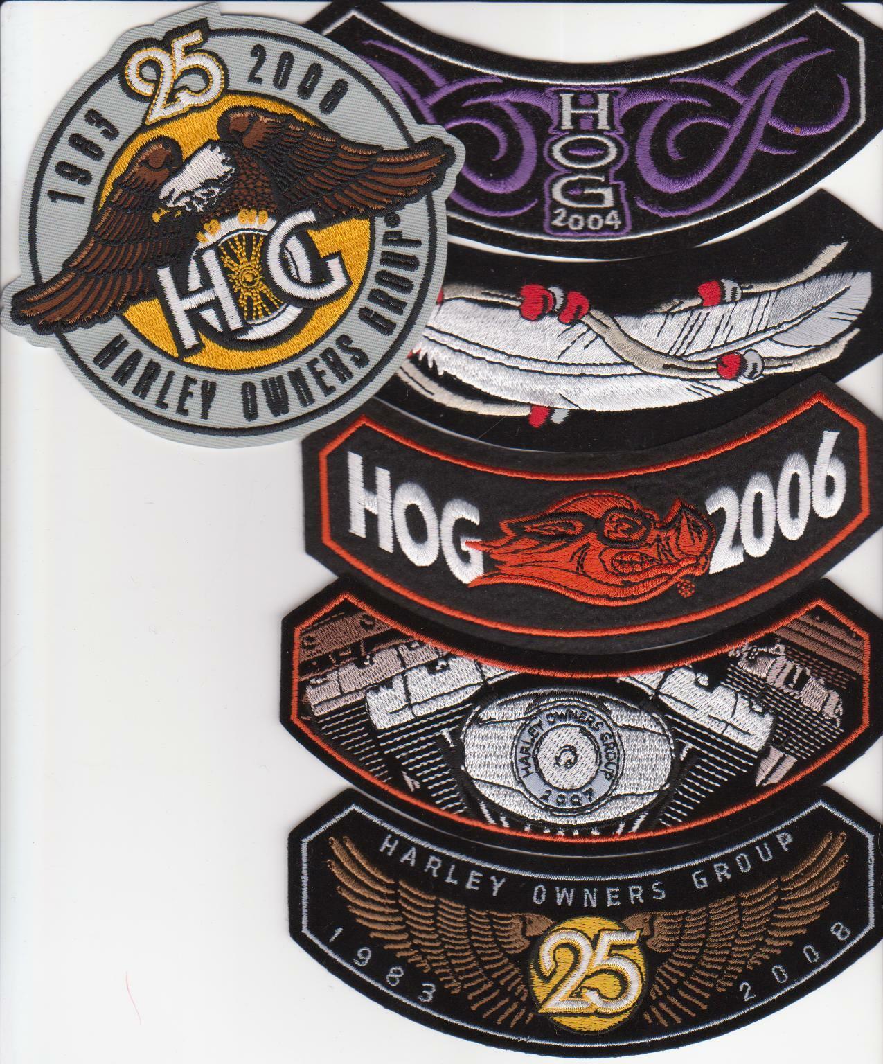 HOG 2004, 2005, 2006, 2007, 2008 & 25th Anniversary patches HARLEY OWNERS GROUP