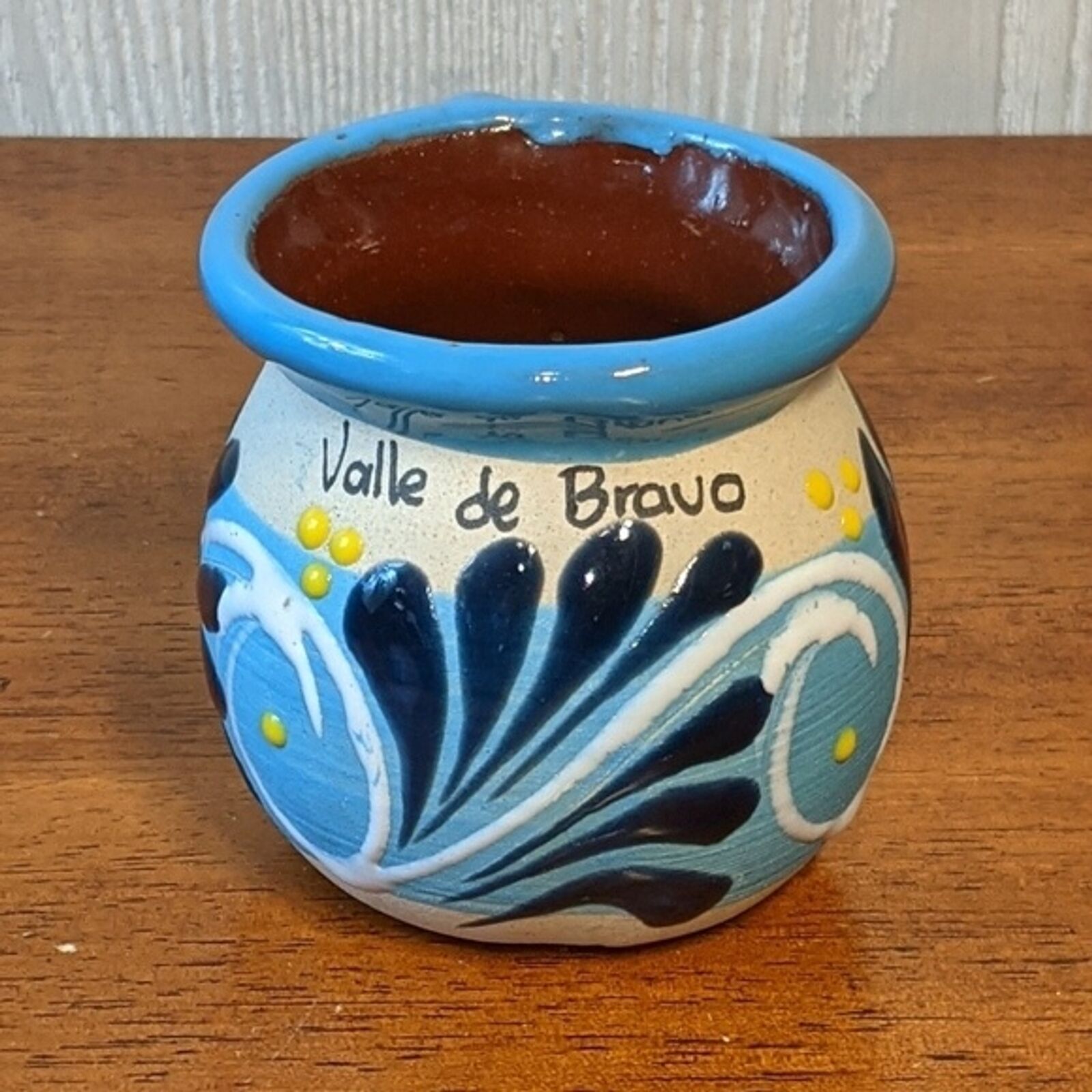 Mexican Pottery Coffee Mug Handmade Pottery Jar Blue Valle de Bravo EUC