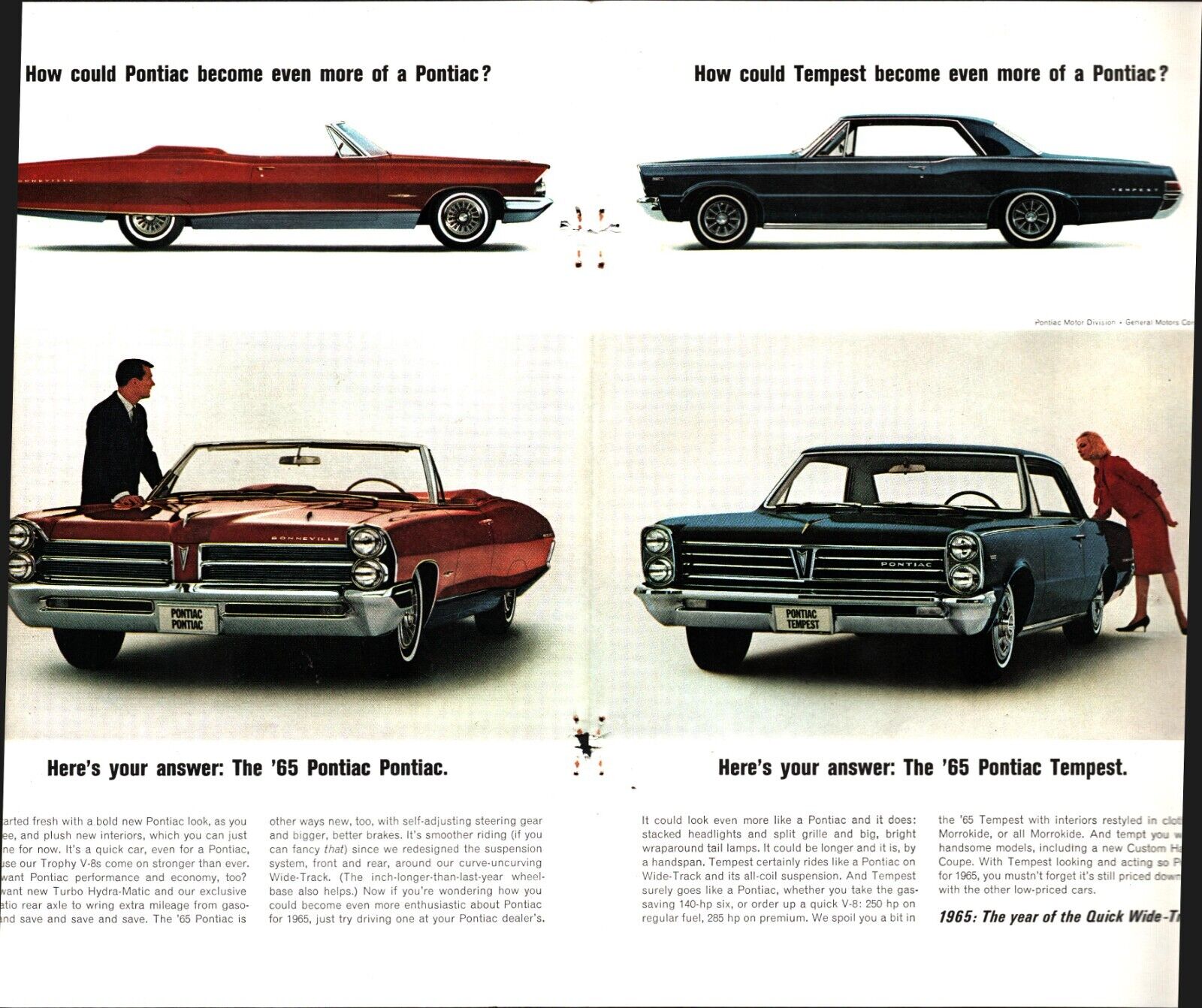 1965 PONTIAC BONNEVILLE CONVERTIBLE & HARDTOP  2-Page (centerfold) Print Ad c8
