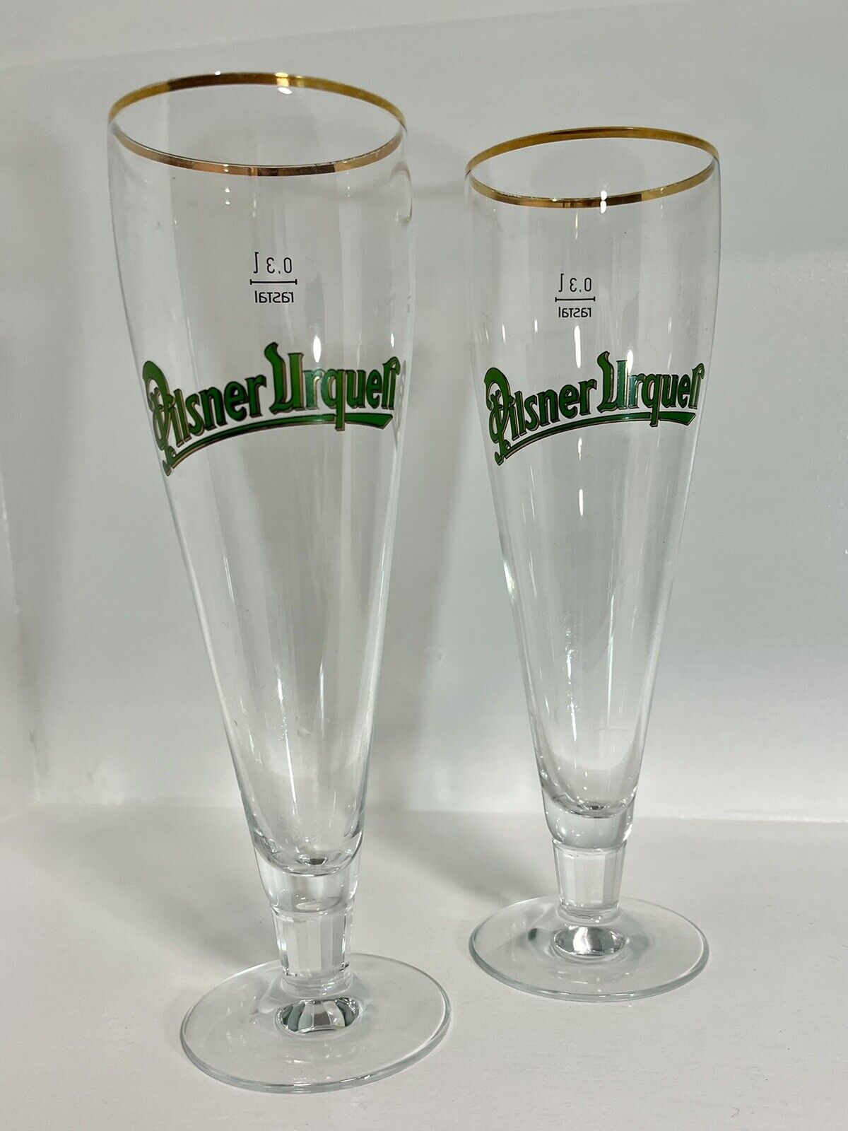 2pc Set Vintage Stemmed Pilsner Urquell Beer Glasses w/ Gold Rim