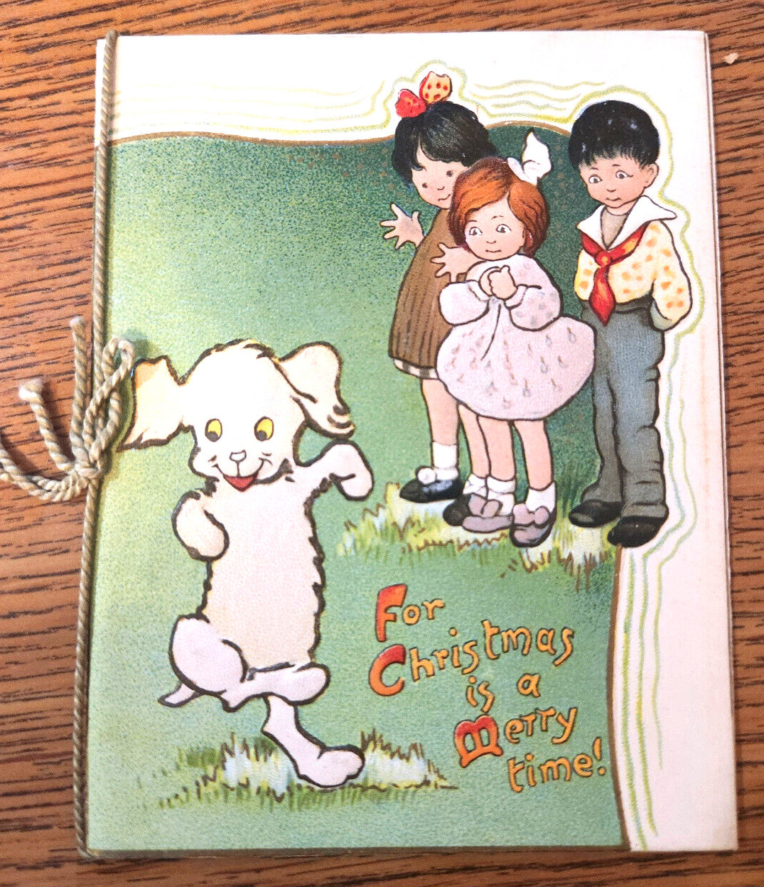 CHRISTMAS IS A MERRY TIME 3 Children Watch White Dog Dance Atwell Tuck Booklet