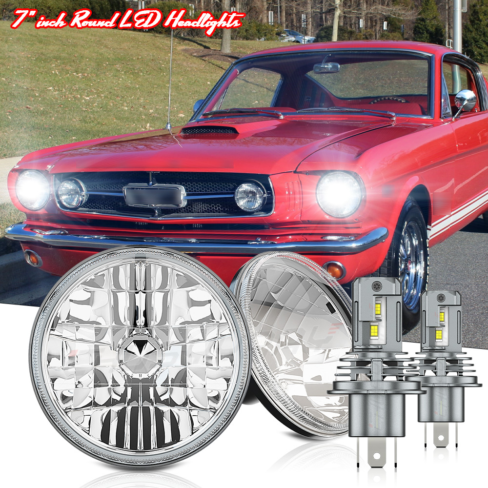 For Ford 1965-1973 Mustang Pinto Bronco Pair 7\'\' Round LED Headlights Hi/Lo Beam