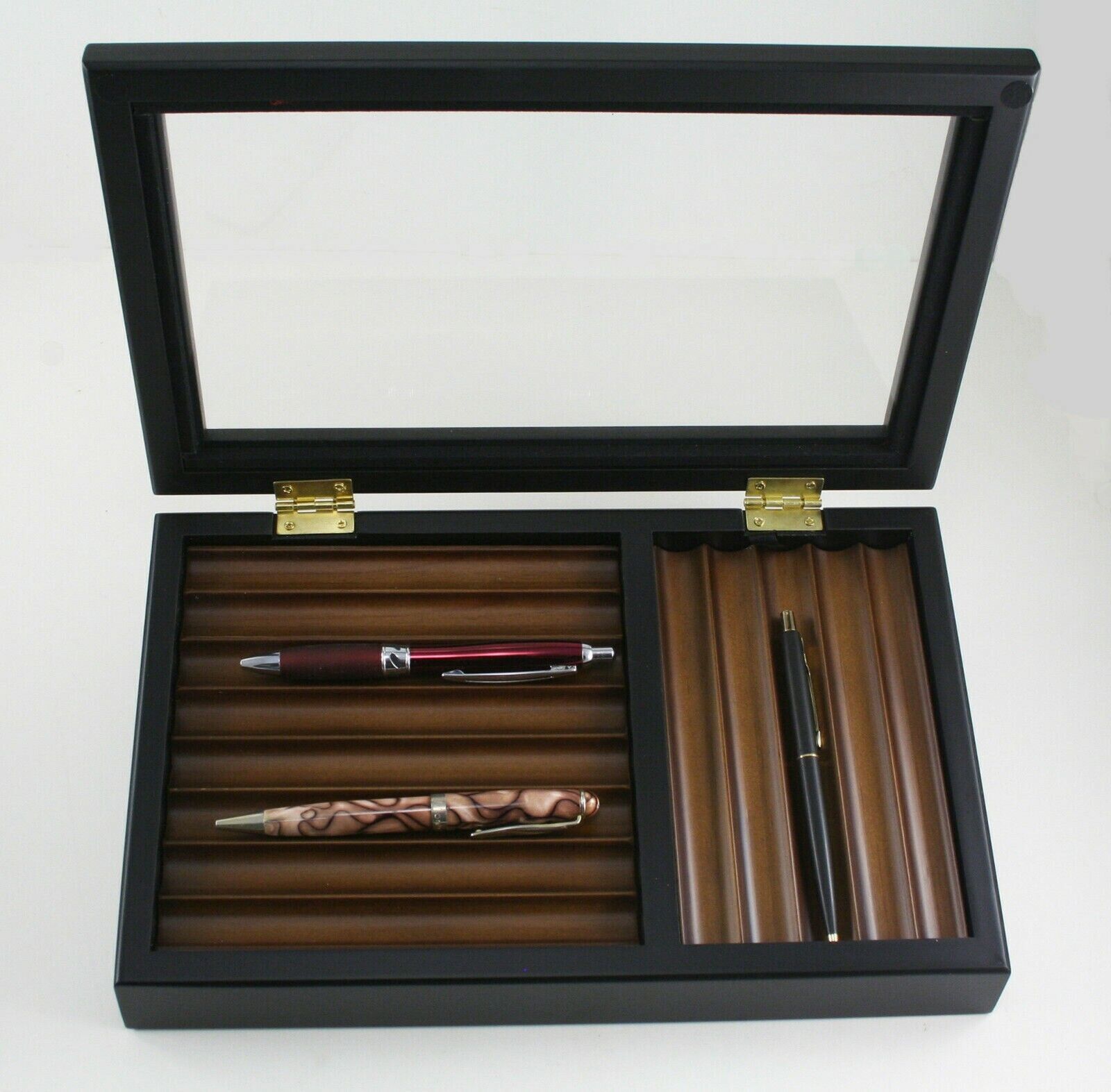 Black exterior  Wood Pen Box with Hinged Glass Top. Holds 13 Pens with Storage
