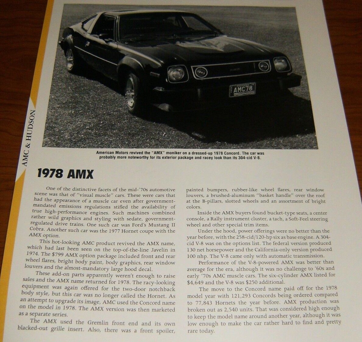 ★★1978 AMC AMX SPECS INFO PHOTO 78 CONCORD 304 V8 258 AMERICAN MOTORS★★