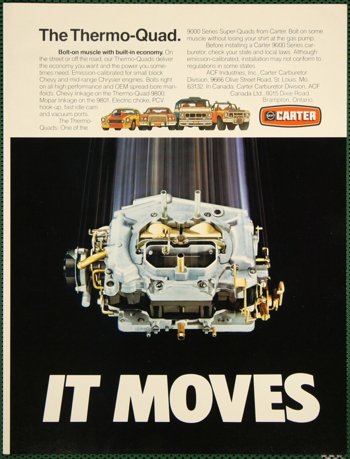 Carter Thermo Quad Carburetor 9000 Series Vintage Print Ad Feb 1979