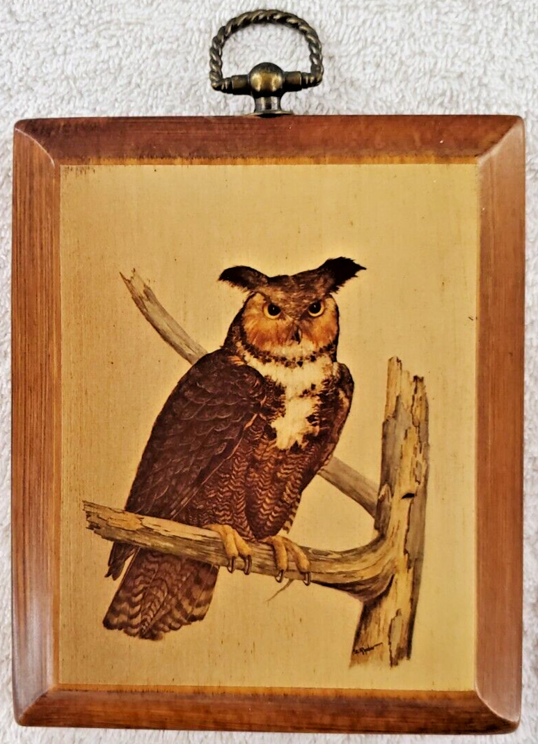 Vintage Great Horned Owl On Wood Decoupage Picture Plaque Wall Hanging