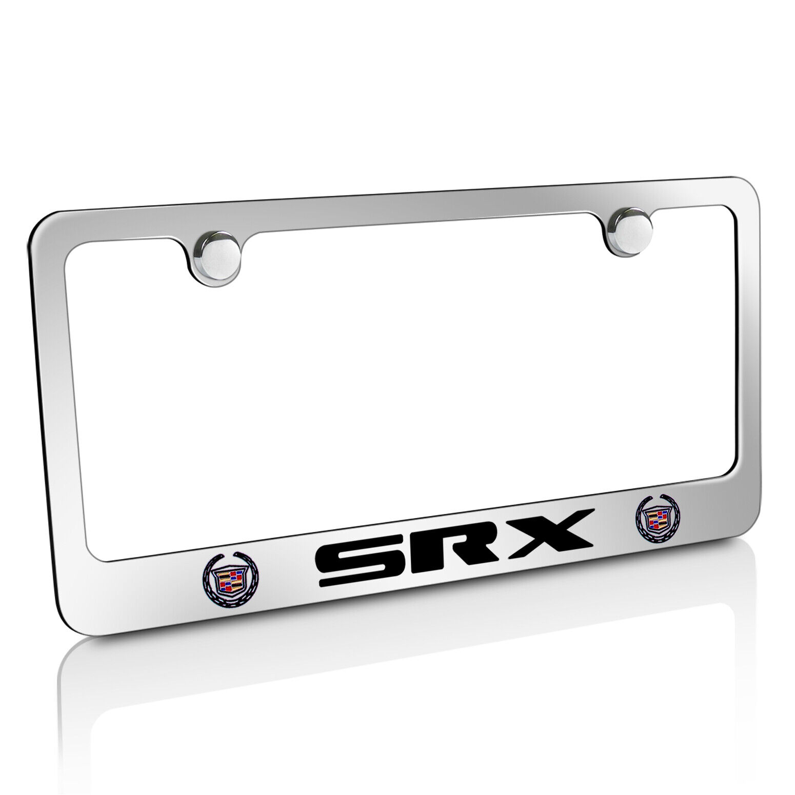 Cadillac SRX Dual Logo Mirror Chrome Finish Brass Metal License Plate Frame