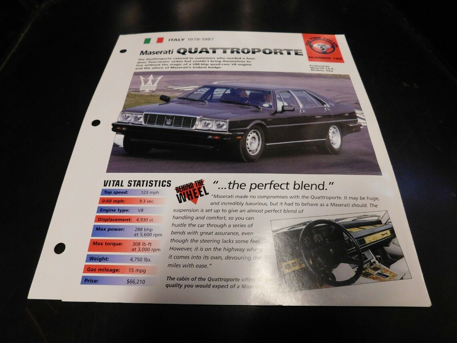 1978-1987 Maserati Quattroporte Spec Sheet Brochure Photo Poster 86