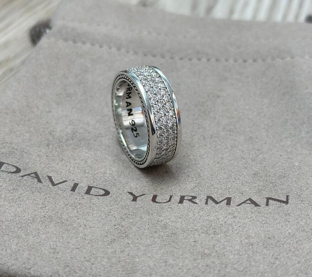 David Yurman Sterling Silver 925 Streamline 3 Row Pave Diamond Ring Sz 8