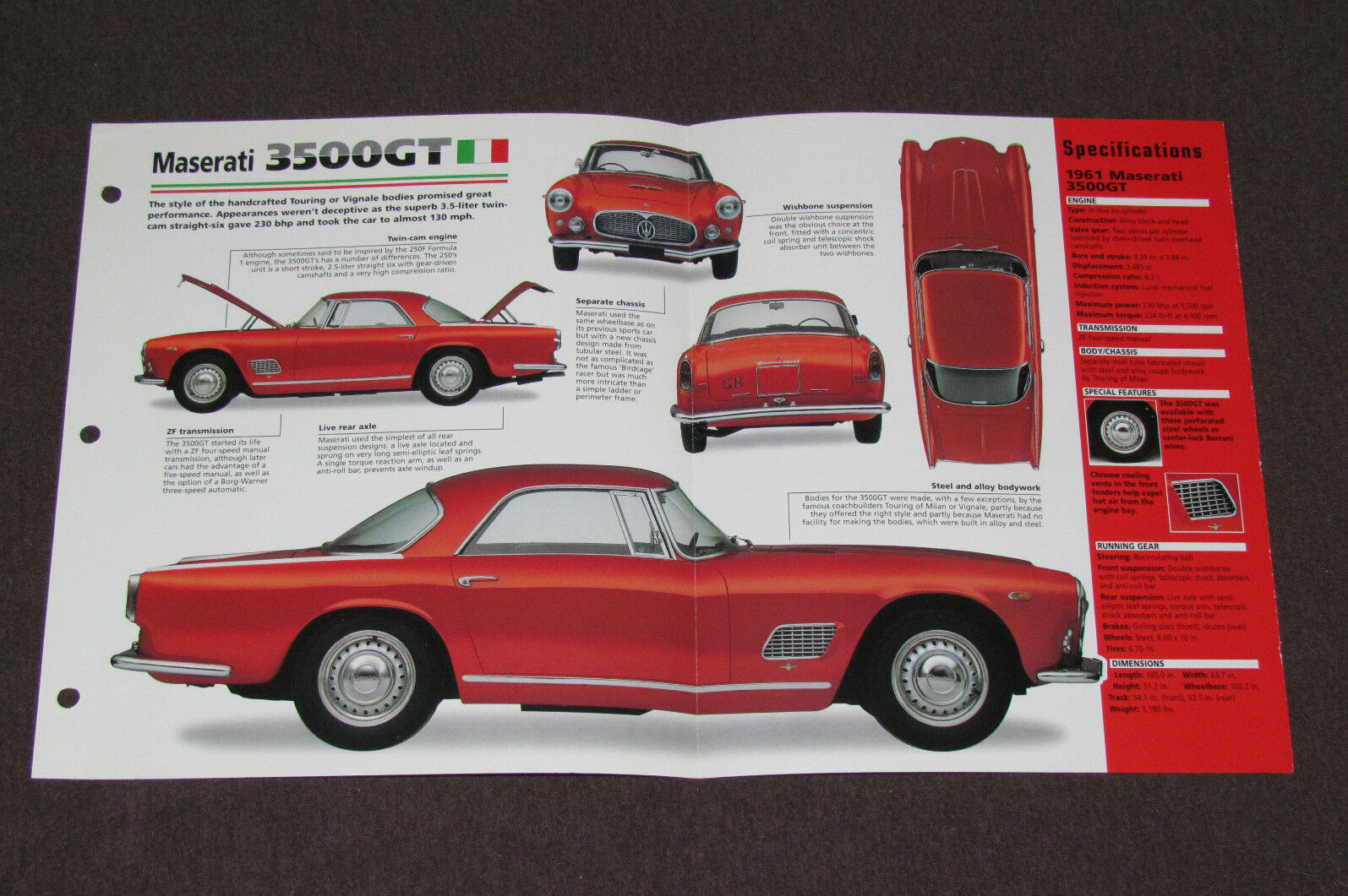 1957-1964 MASERATI 3500GT (1961) CAR SPEC SHEET BROCHURE PHOTO BOOKLET