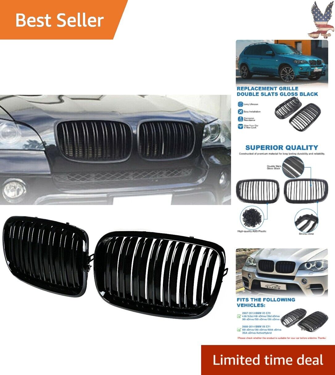 Glossy Black Grille for BMW X5 E70 X6 E71 - Sleek Design, Perfect Fit, Durable -
