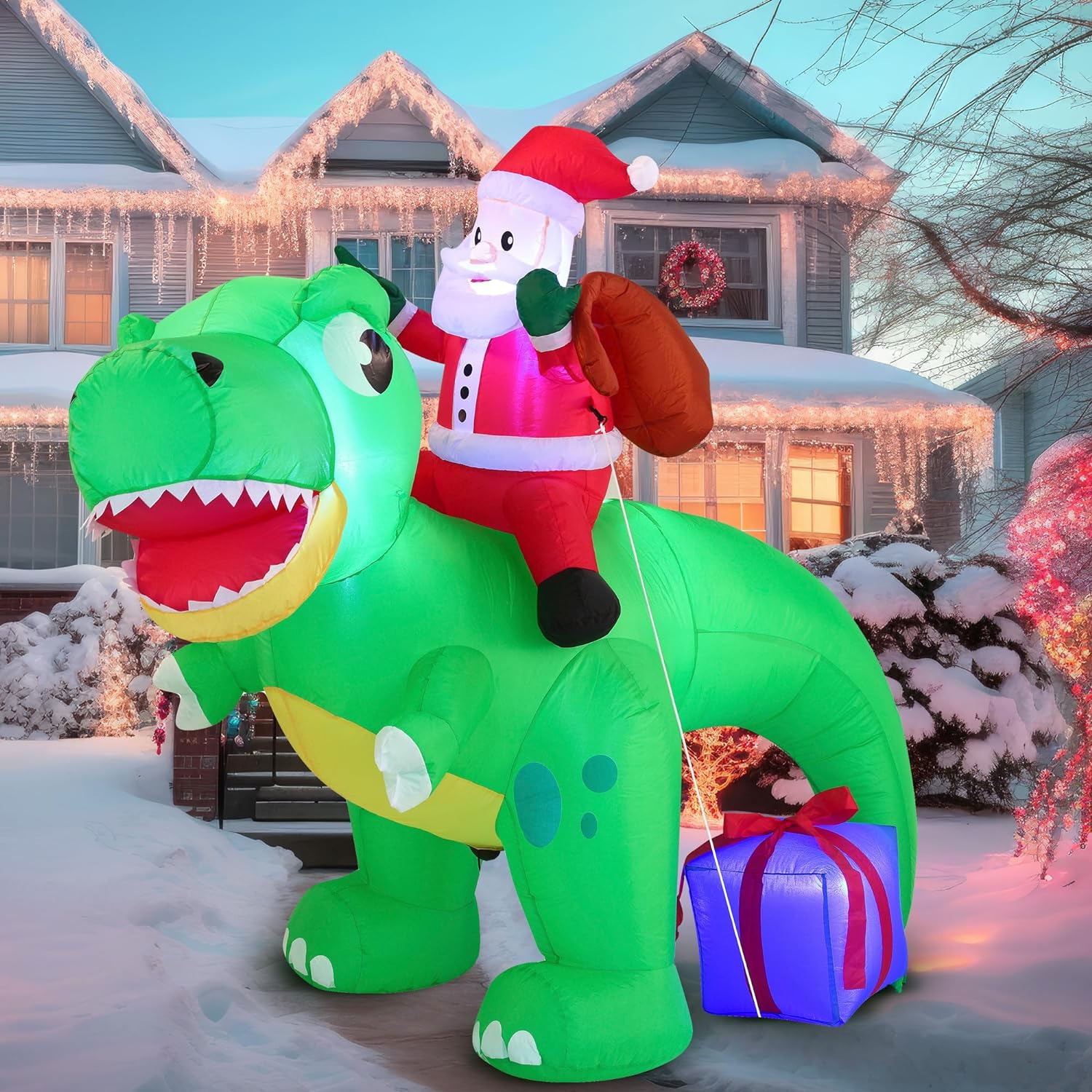 6 FT Christmas Inflatable Dinosaur with Build-In Leds, Blow up Dinosaur with San
