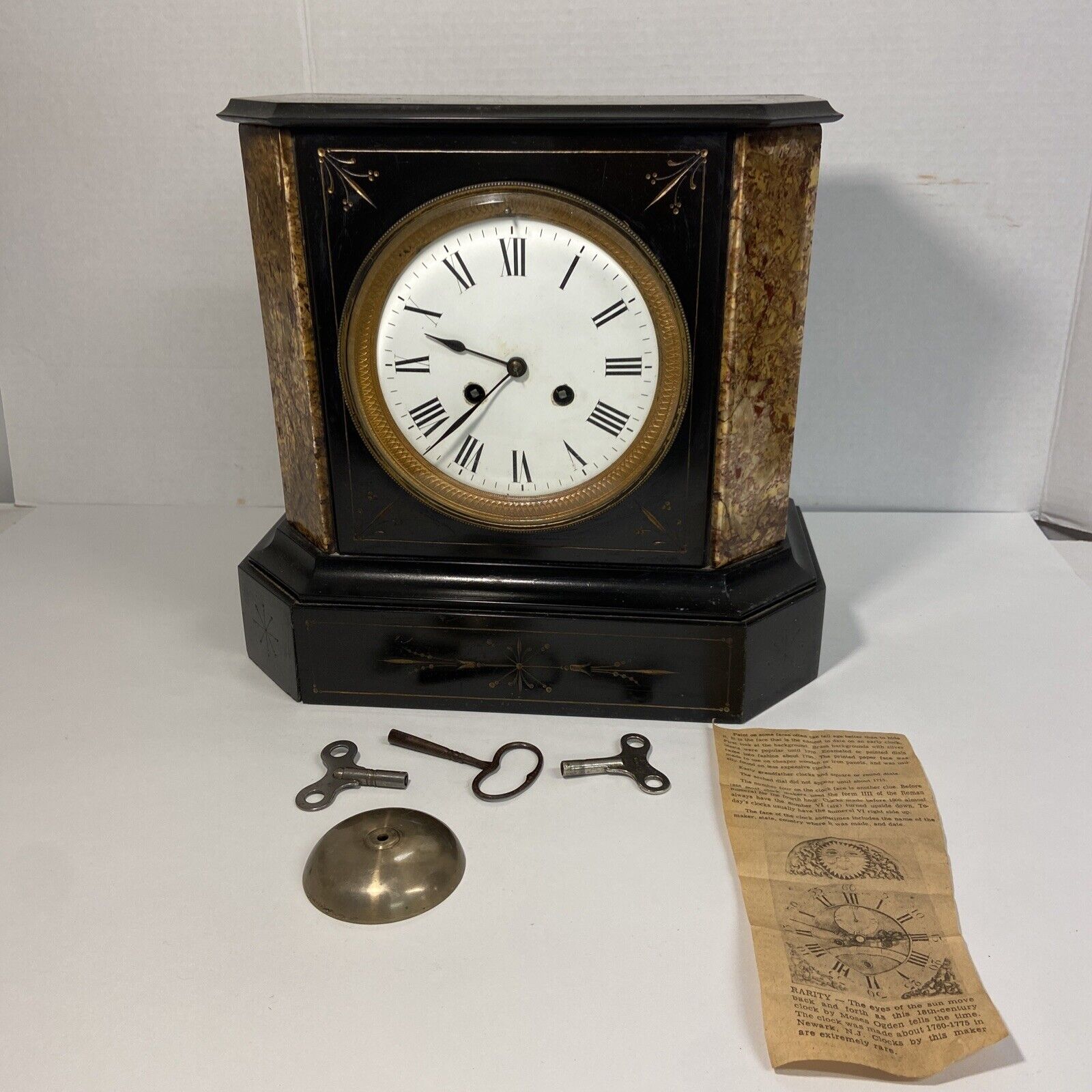 antique marble mantel clock H11 1/4” W12” works