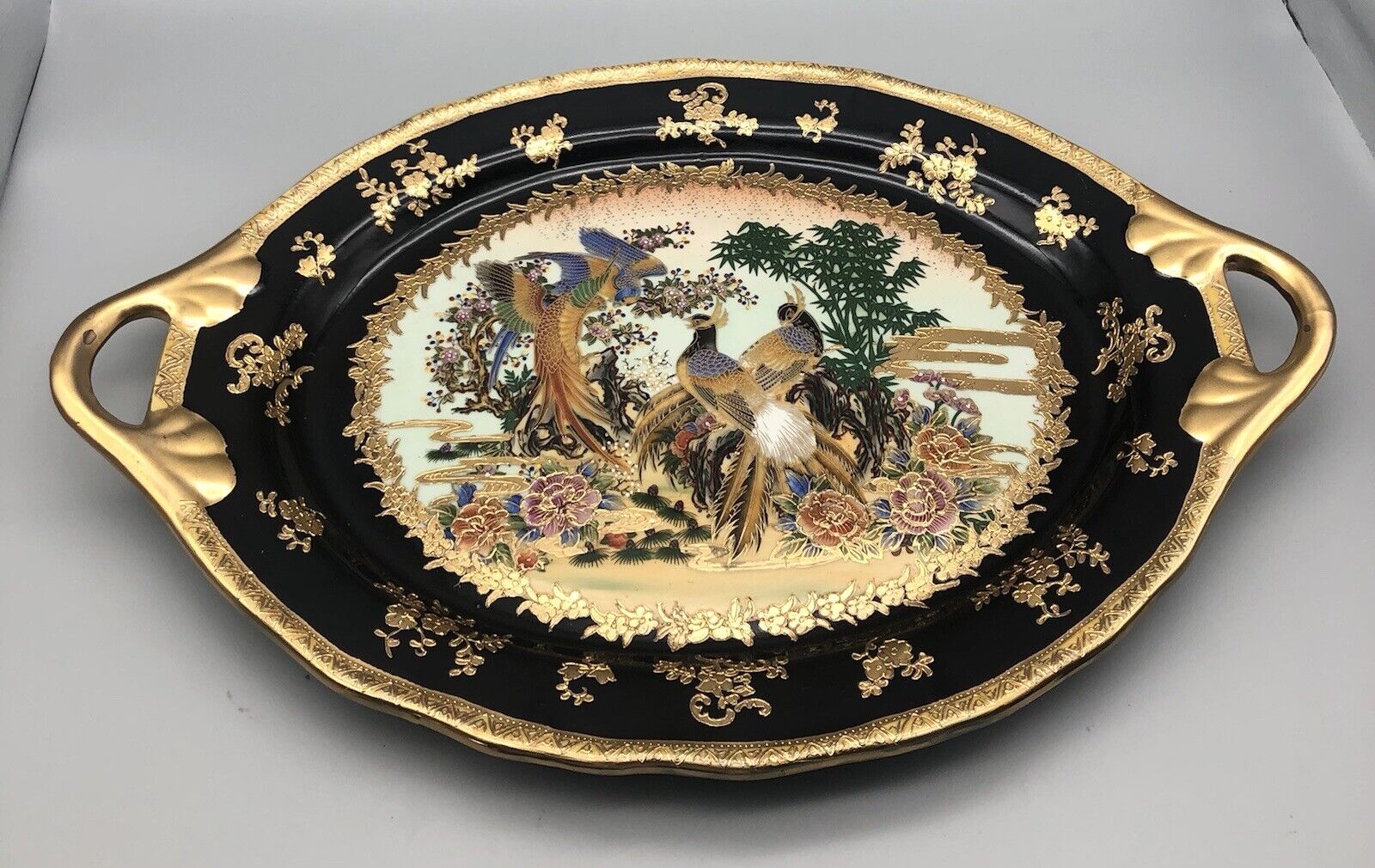 Black w/ 22k Gold trim Lacquer oriental Peacock Large platter Signed-Stamp 76 14