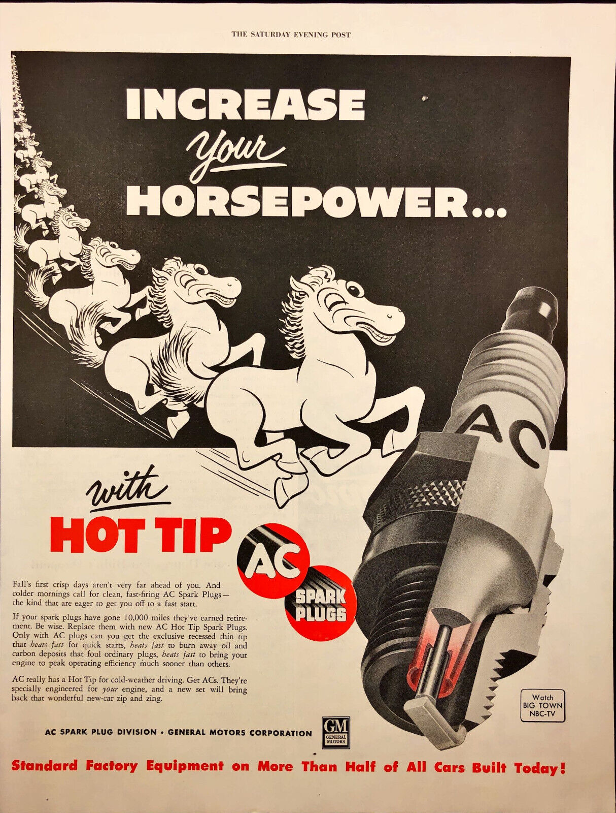 1955 GM AC Spark Plug Vintage Print Ad Flying Horses Horsepower