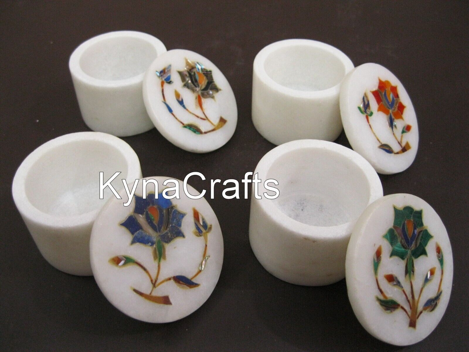 2.5 Inches Marble Jewelry Box Floral Design Inlay Work Pin Box Set 4 of Pieces