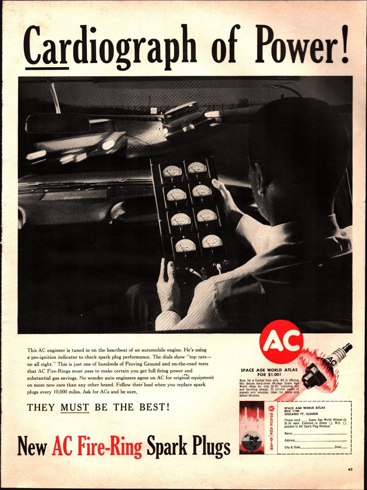 Life Magazine Ad AC Fire-Ring SPARK PLUGS 1960 Ad Cardiograph of power b9