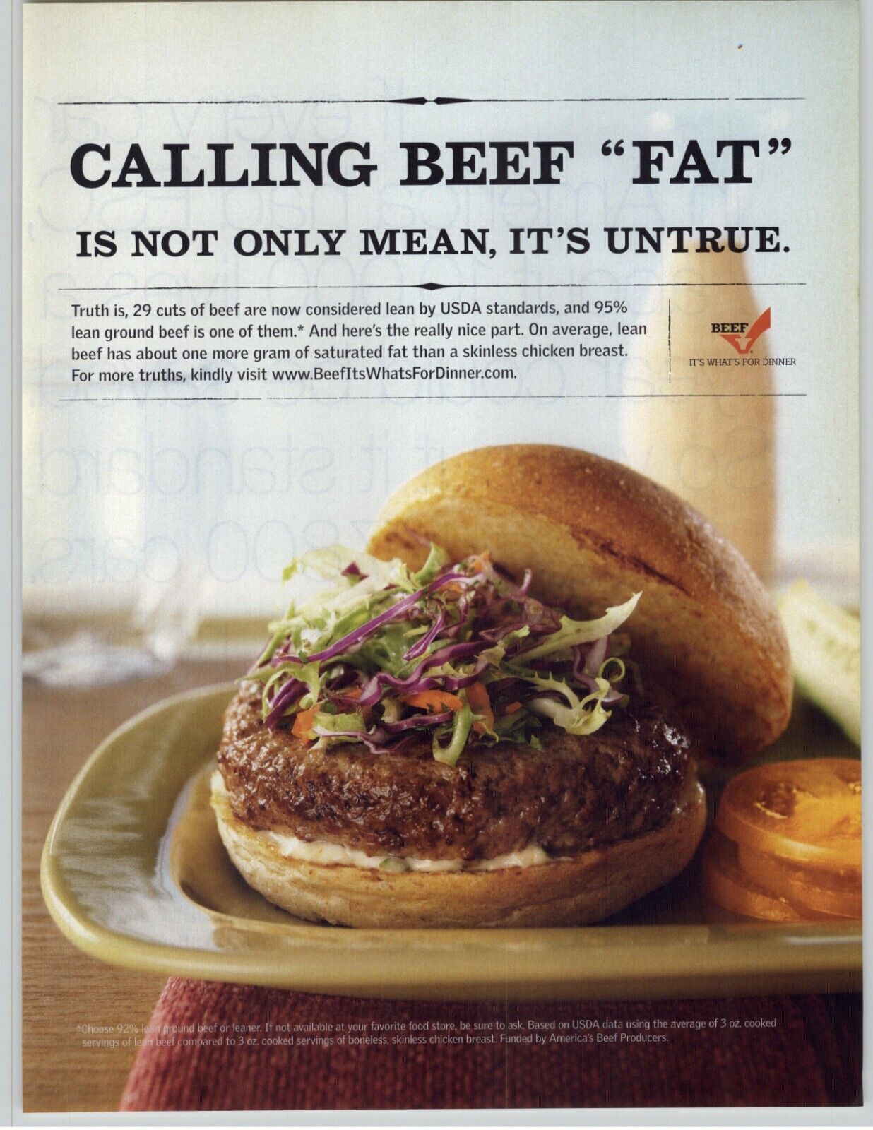 2007 Beef It\'s What\'s For Dinner Vintage Print Ad Delicious Burger On Plate Pic