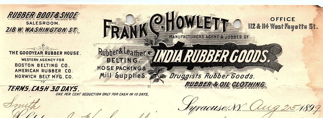 1899 SYRACUSE NY FRANK C HOWLETT INDIA RUBBER GOODS BOOTS LETTER BILLHEAD Z4221