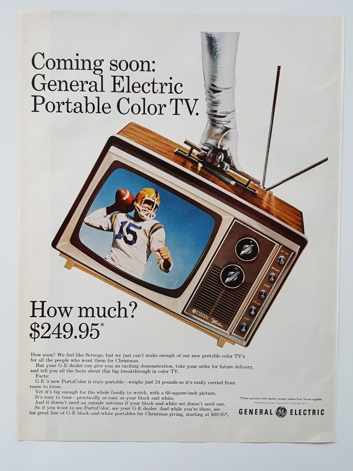 1965 General Electric Portable Color TV Football GE Vtg Magazine Print Ad