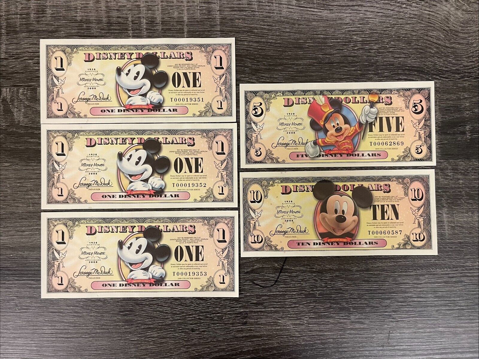 2008 Disney Mickey Mouse Uncirculated Sequential Lot of 3 + $5 & $10 Bills.