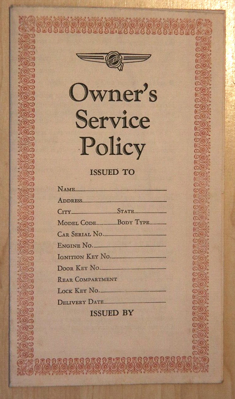 1937 - 1938 chrysler owners service policy