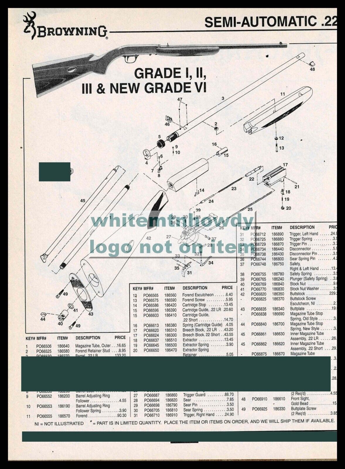 2005 BROWNING Grade I, II, III , VI .22 Semi-Auto Rifle Schematic Parts List