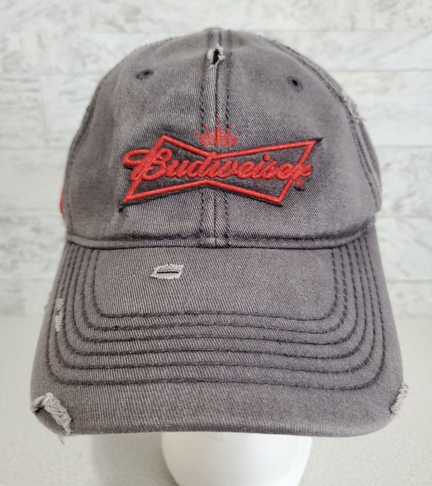 Budweiser  Est. 1876  Gray Red Embroidered Distressed Grunge Hat Cap Very Clean