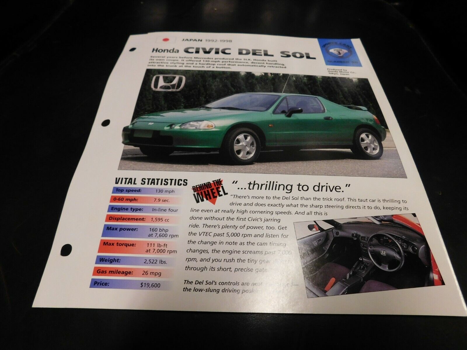 1992-1998 Honda Del Sol Spec Sheet Brochure Photo Poster 93 94 95 96 97