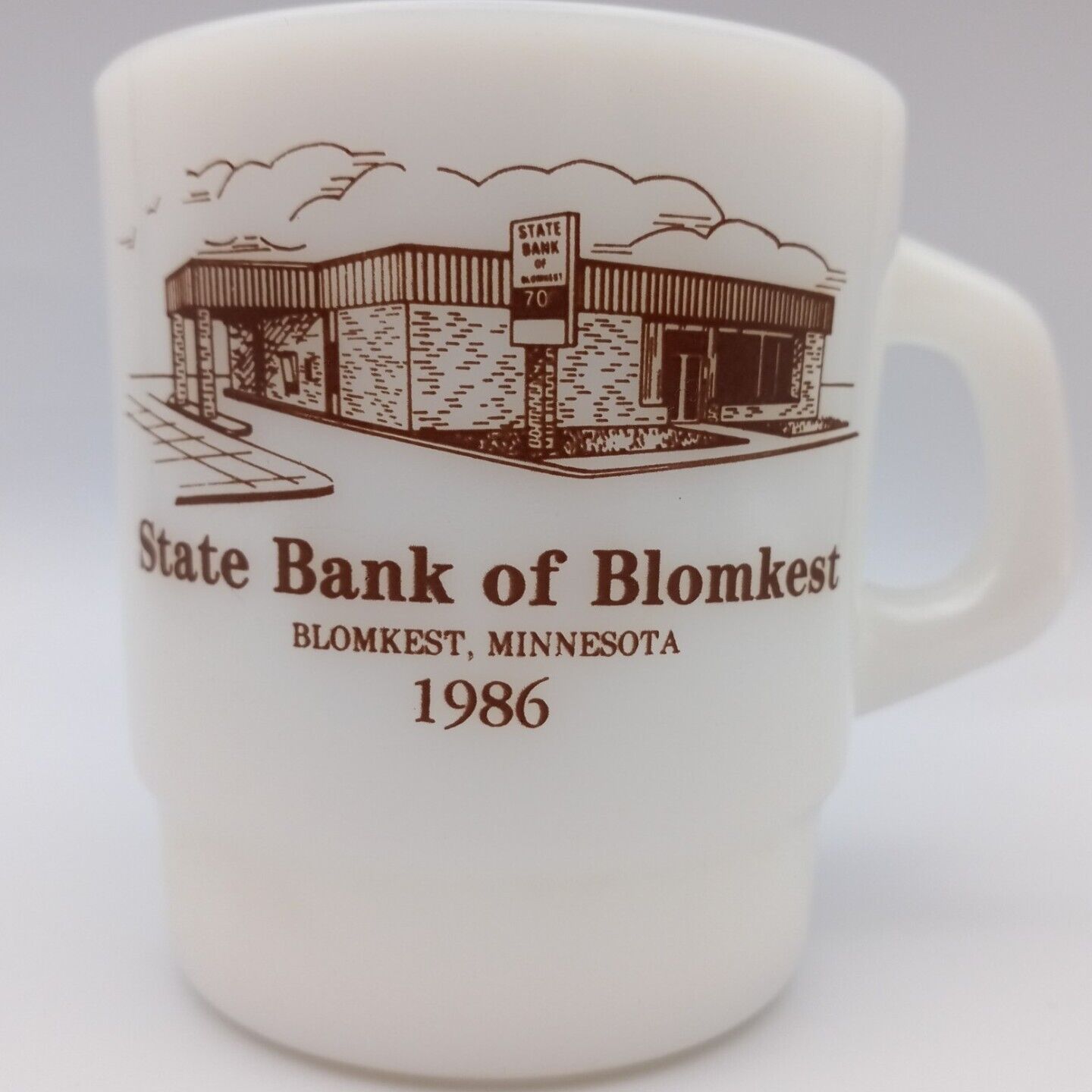 Vintage State Bank Of Blomkest MN Galaxy Milk Glass Coffee Cup Mug Advertising 