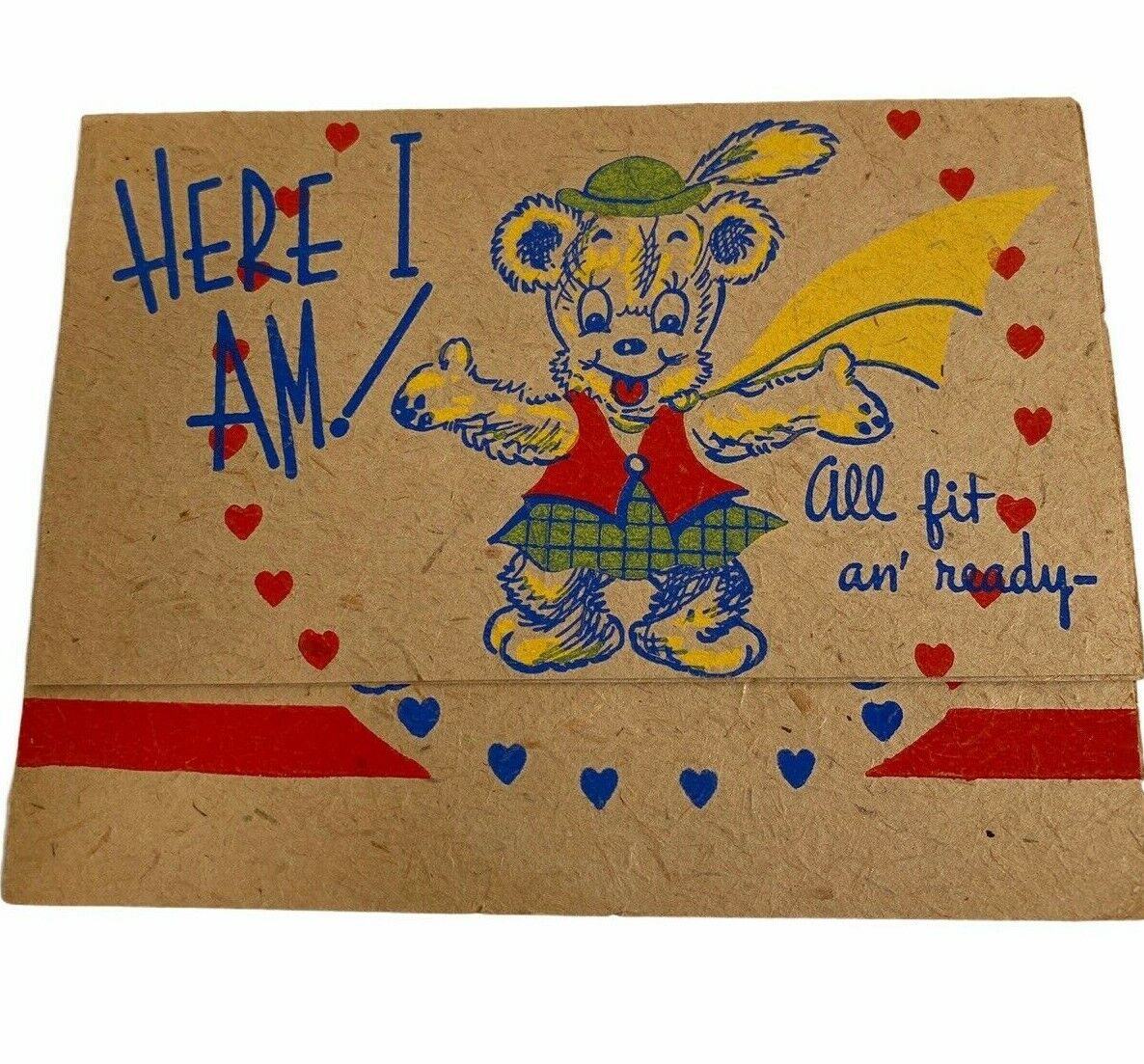 Vintage Die Cut Valentine Greeting Card Heart Bear Here I am All Fit An\' Ready
