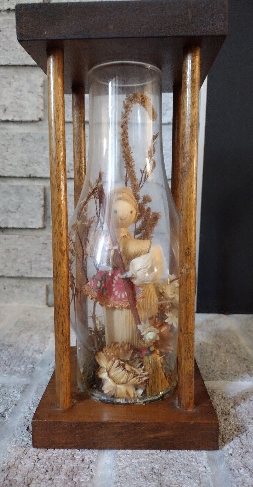 Vintage and very RARE Cornhusk Woman In Glass Dome Sweeping