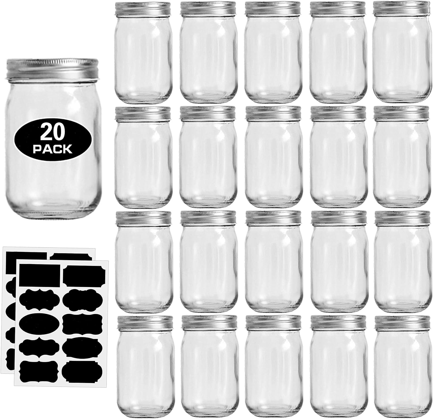 12Oz Glass Jars with Lids Regular Mouth 20 Pack -Mason Jars 12 Oz for Crafts, Me