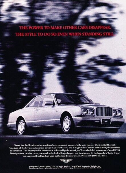 1995 1994 Bentley Continental R Original Advertisement Print Art Car Ad K15