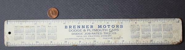 1949-50 Harrisburg Pennsylvania Dodge Plymouth Motor Car Truck Co.metal ruler---
