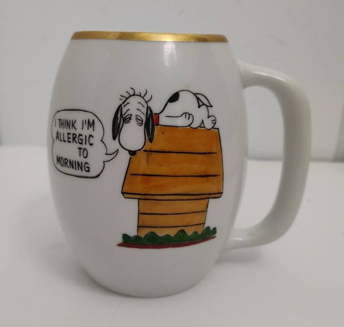 Vtg Snoopy Porcelain Coffee Cup Mug I THINK I'M ALLERGIC TO MORNING Large 6