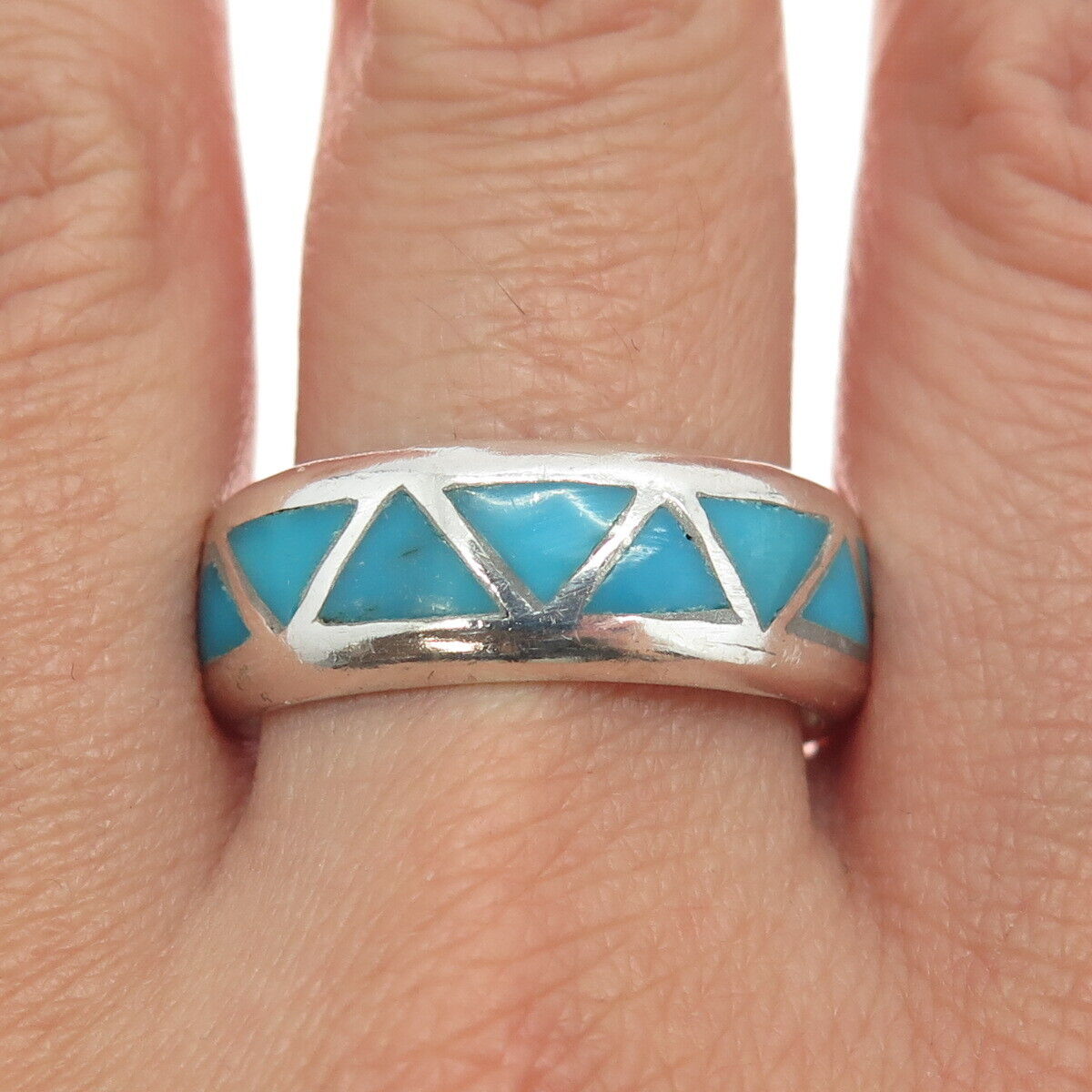 Old Pawn Navajo Sterling Silver Vintage Bisbee Turquoise Band Ring Size 11.75