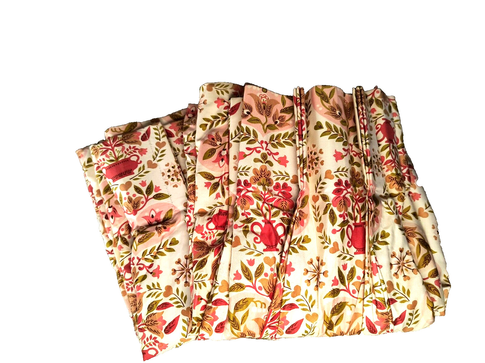 Pair 50\'s 60\'s Pinch Pleated Curtains 66x42 Pink & Green White Cotton Fabric NOS