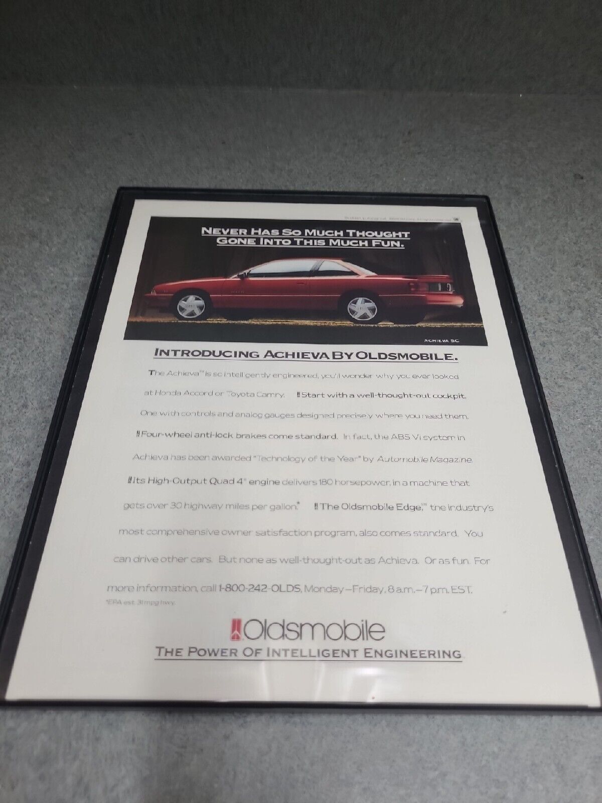 1992 Oldsmobile Olds Achieva Red Coupe Quad  Intelligent  Print Ad Framed 8.5x11