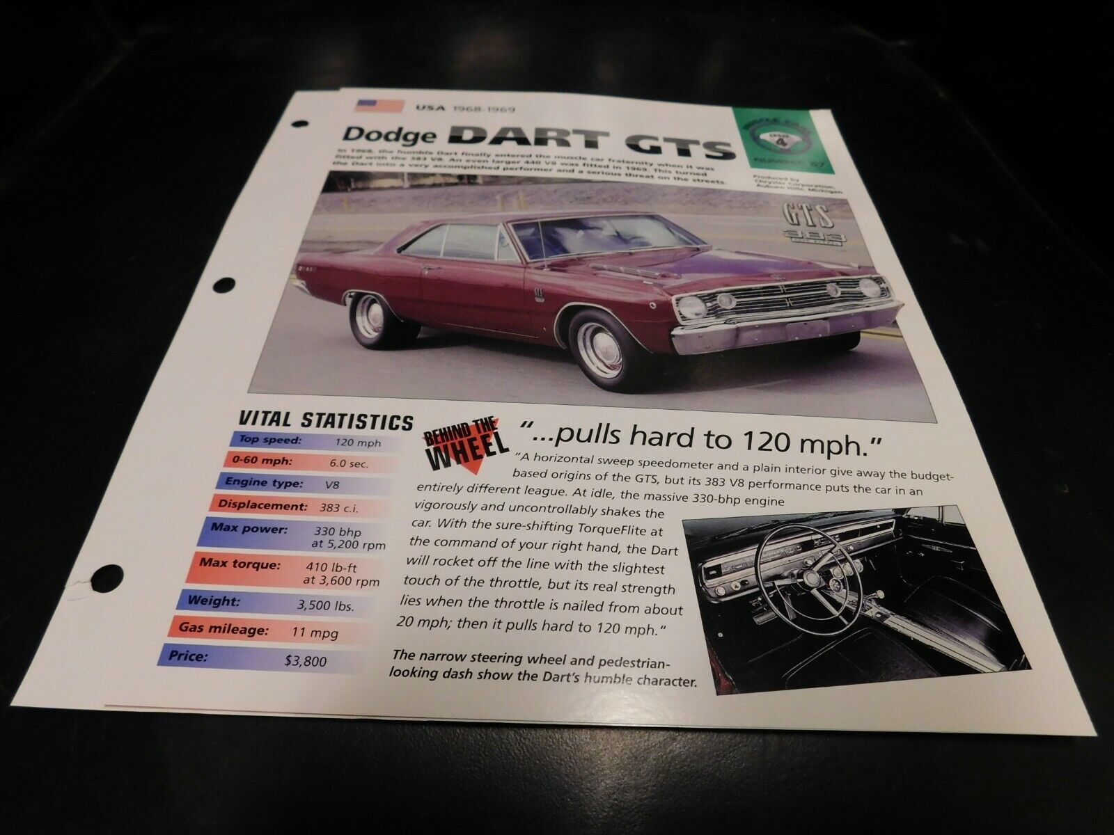 1968-1969 Dodge Dart GTS Spec Sheet Brochure Photo Poster