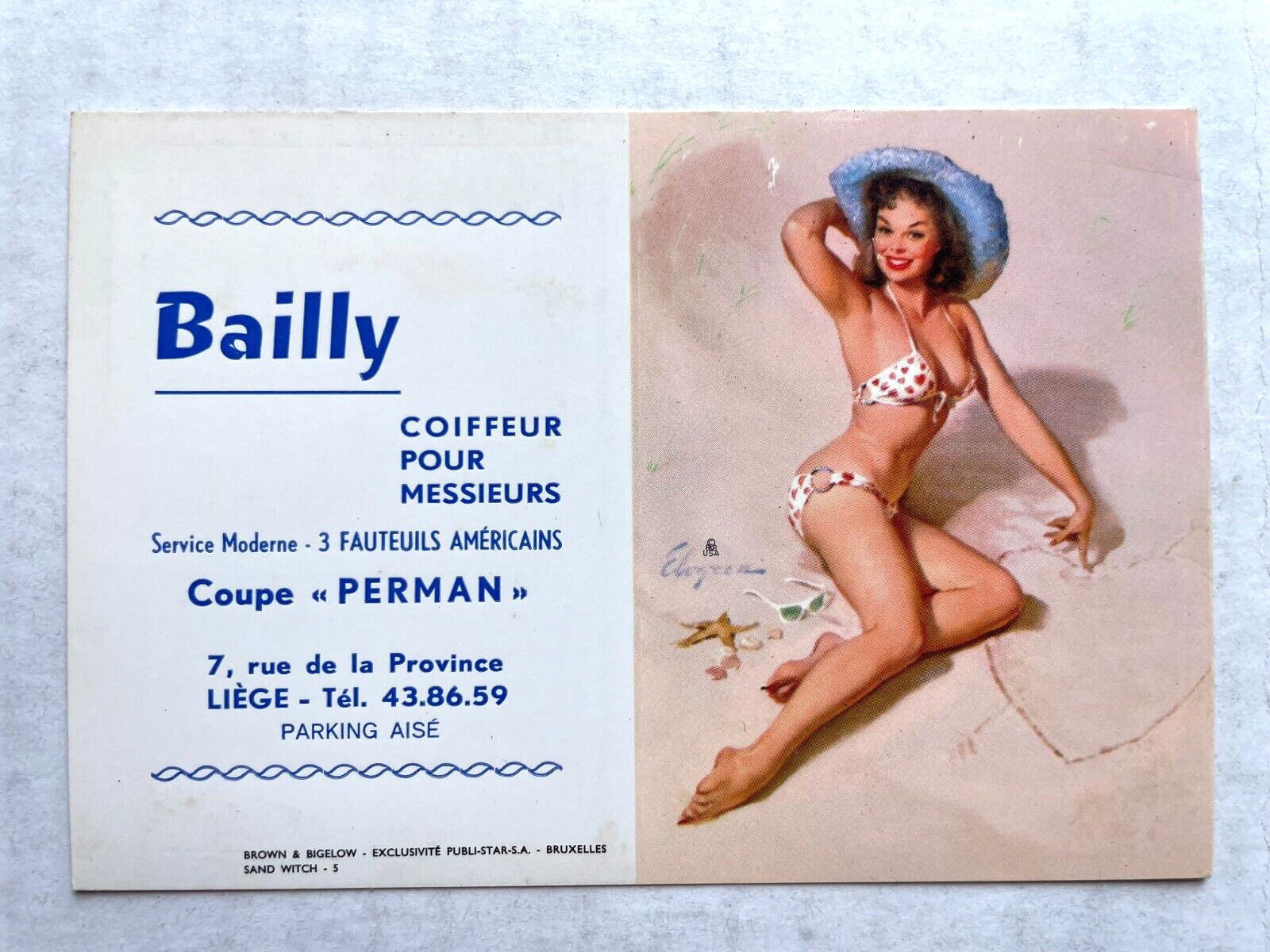 1961 Belgium Advertising Pinup Girl Blotter w/ Brunette in Bikini by Elvgren
