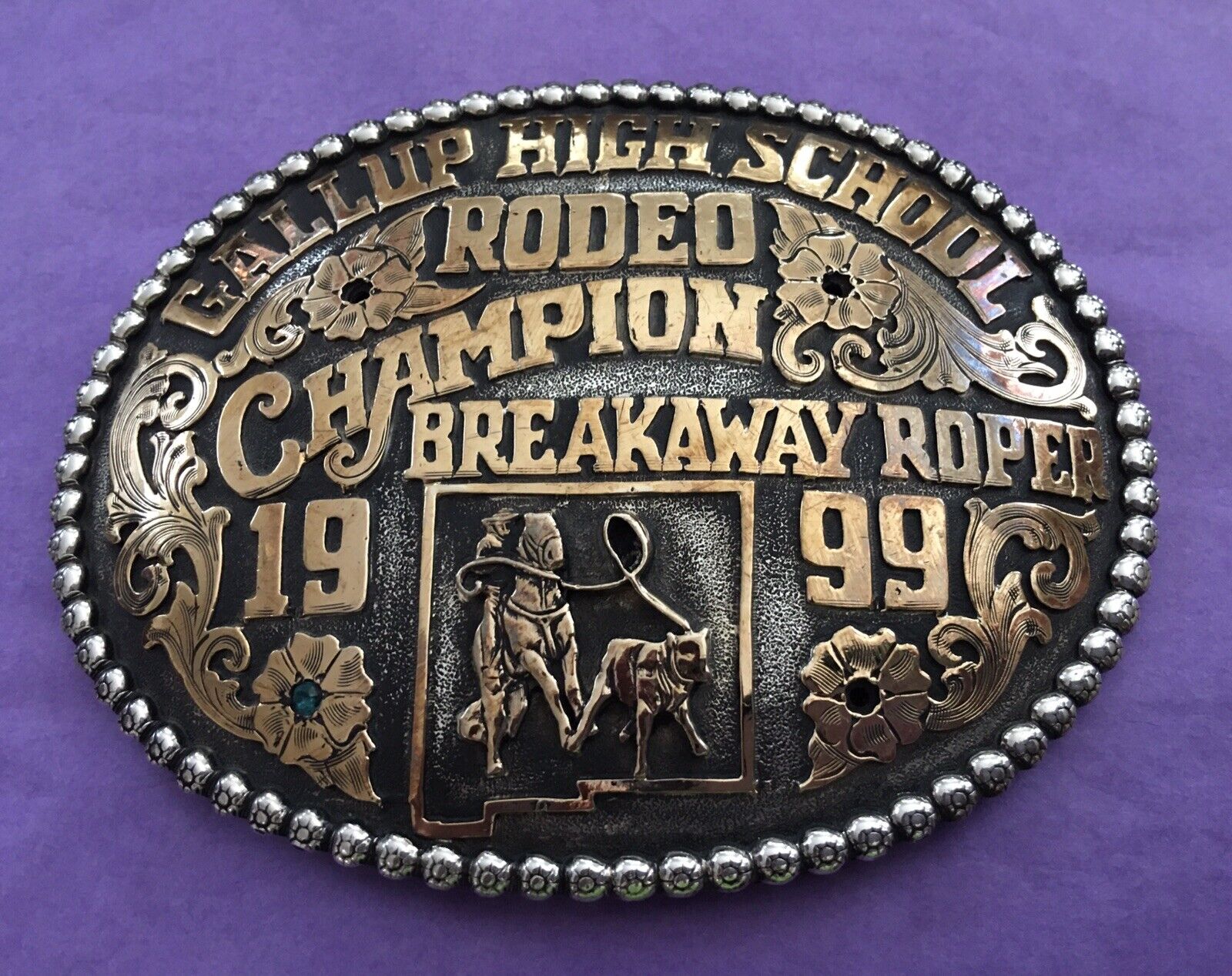 VTG 1999 Gallup NM HS Rodeo Champion Breakaway Roper Trophy Concho Belt Buckle