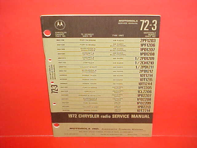 1972 DODGE CHALLENGER PLYMOUTH BARRACUDA MOTOROLA AM-FM-MPX RADIO SERVICE MANUAL