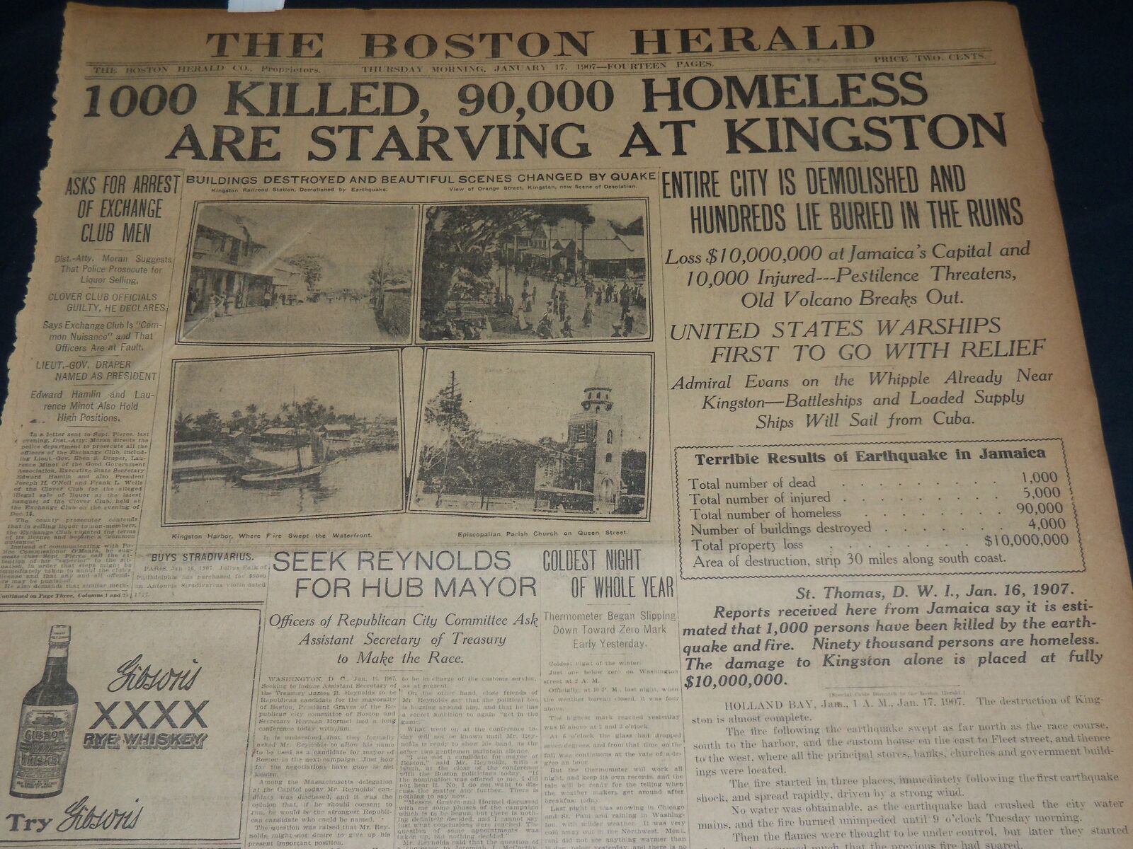 1907 JANUARY 17 THE BOSTON HERALD - 1000 KILLED 90,000 HOMELESS KINGSTON- BH 326