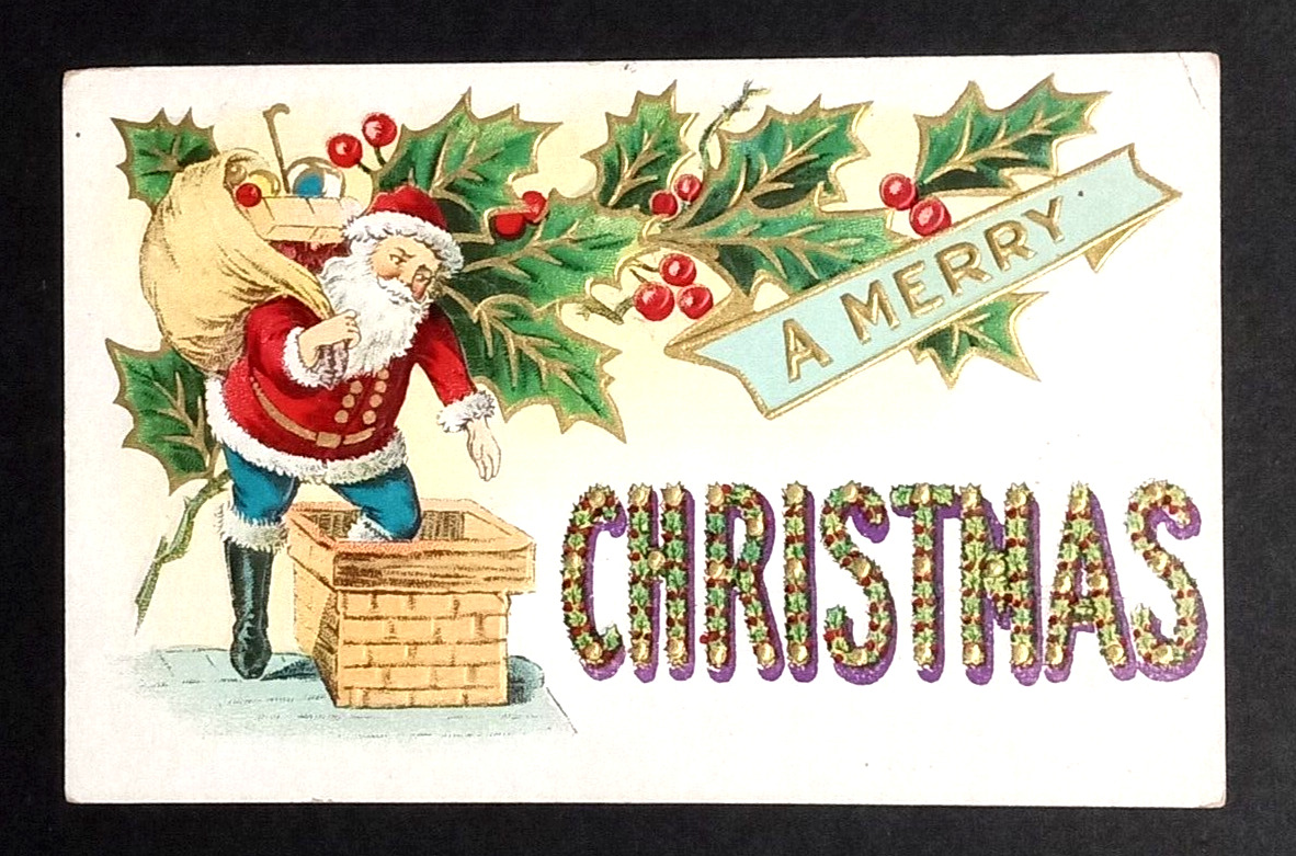 A Merry Christmas Santa Going Down a Chimney Embossed SL & Co Postcard c1908